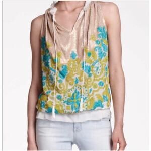 NAMRATA JOSHIPURA Floral Embroidered Silk Blouse Teal Gold Sequins Tassels Sz M